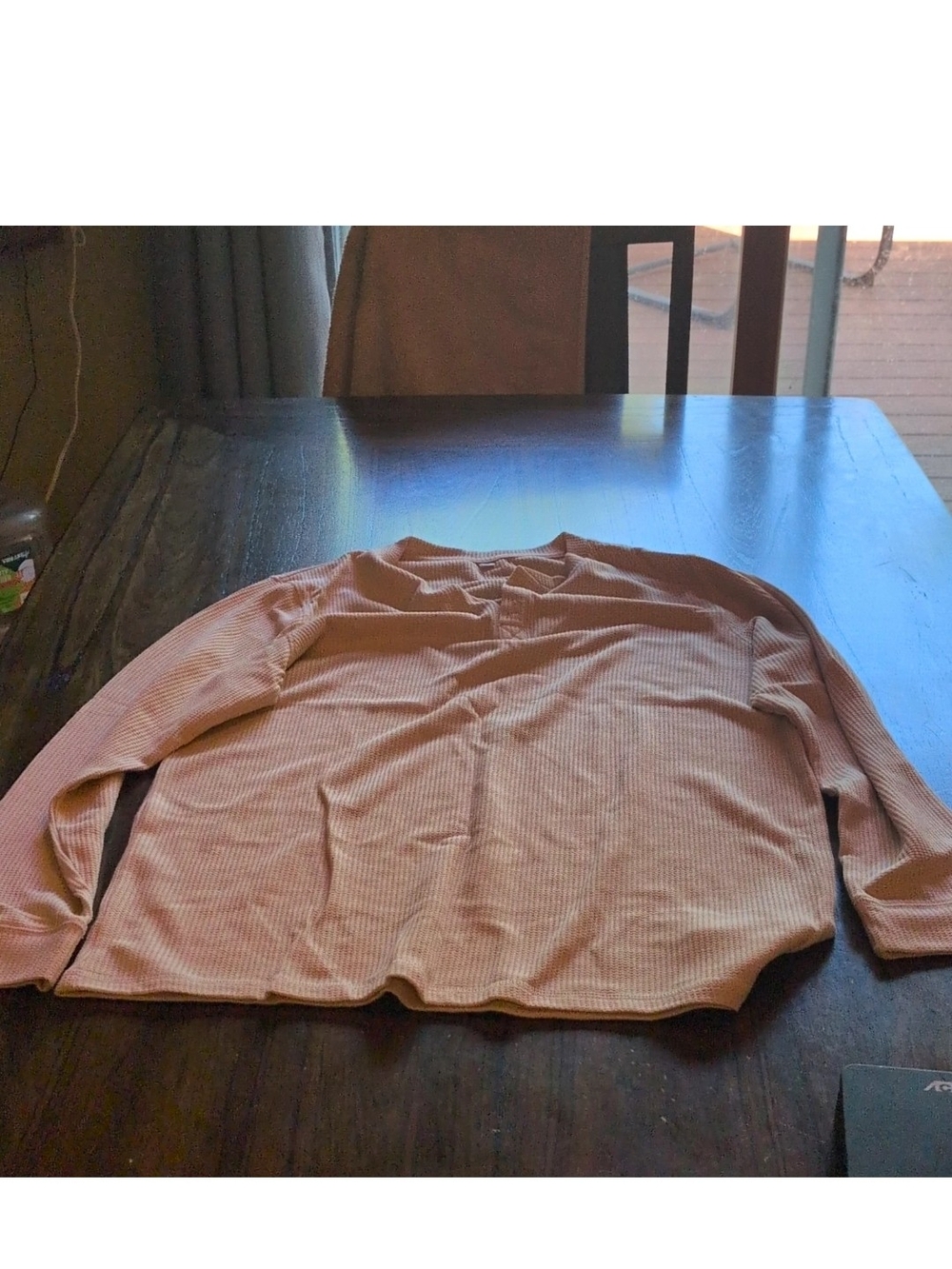 Women's Beige Waffle Knit Long Sleeve Pullover Top Size L Round Neck Stretch
